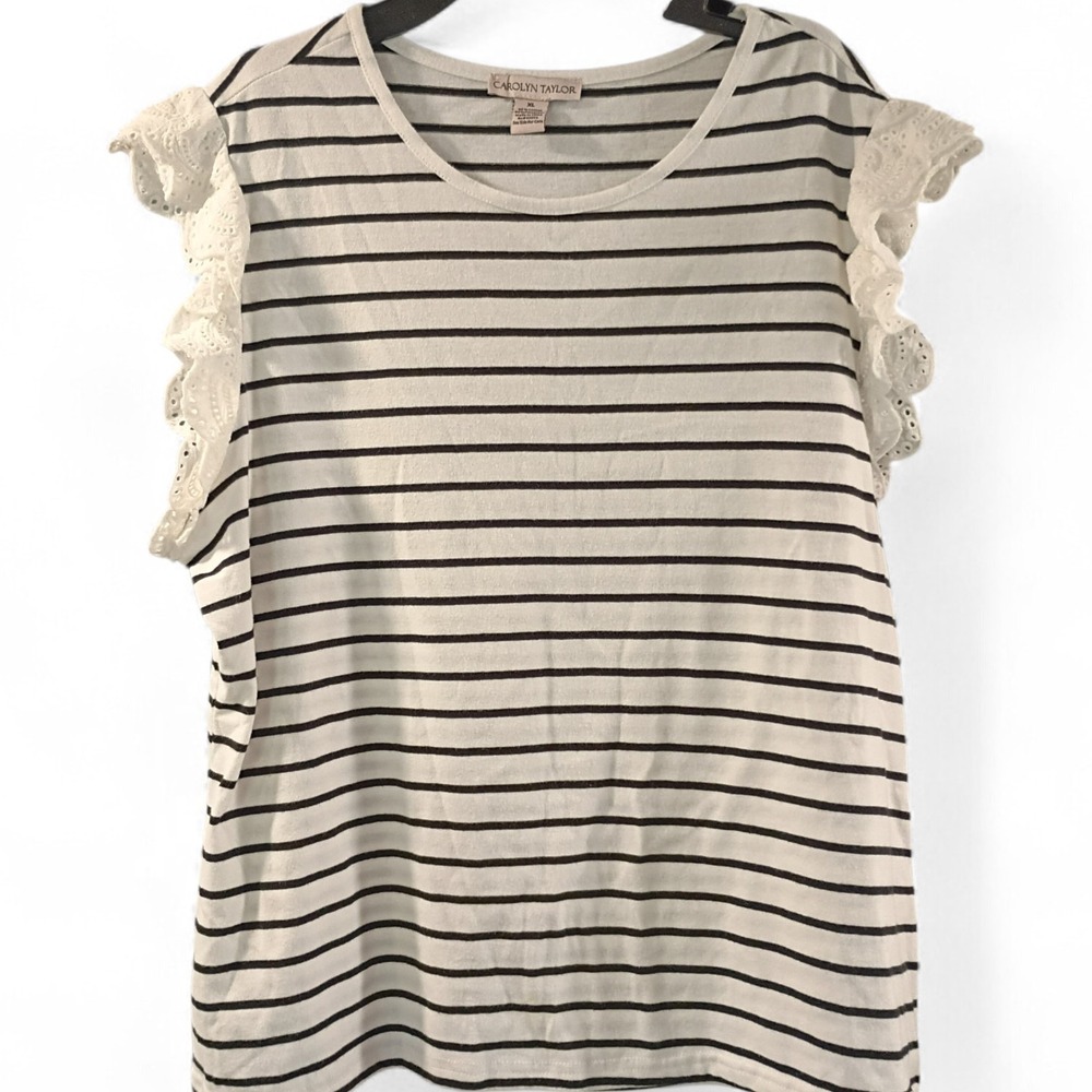 Carolyn Taylor Women's Ruffle Sleeve White And Black Striped Tank Top Size XL - Picture 1 of 6